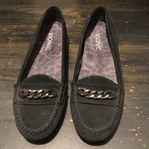 Black suede Vionic loafers with silver chain